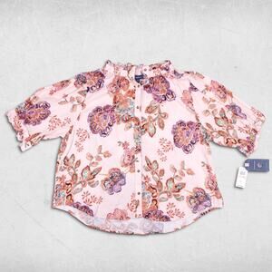 NWT Democracy Button Up Blouse Wmns 2X Rose Pearl Ruffle Edge Neck Feminine